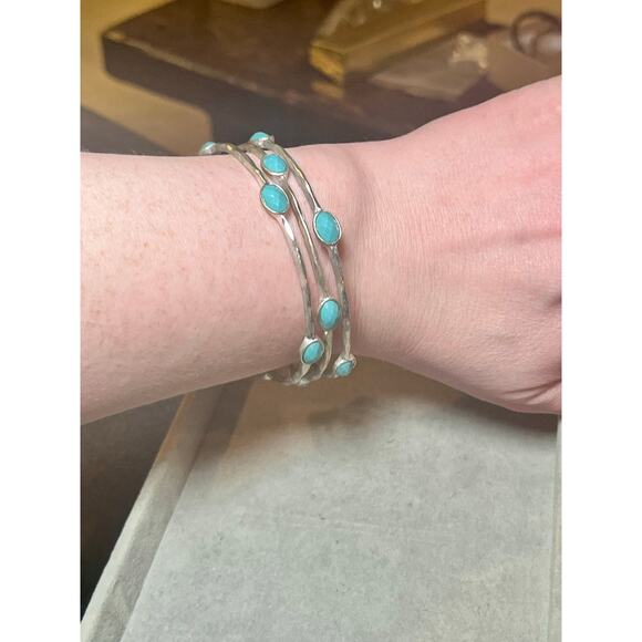 Julie Vos Silver Tone Turquoise Stone Bangle Stacking Bracelet Set of 3 Layer - Picture 2 of 7